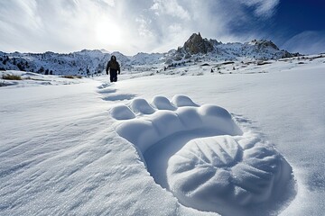 bigfoot feet footprint on the snow - obrazy, fototapety, plakaty