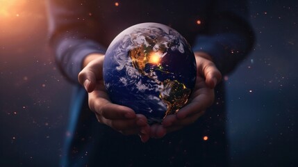 Earth at night was holding in human hands. Earth day. Energy saving concept, Elements of this image furnished by NASA   