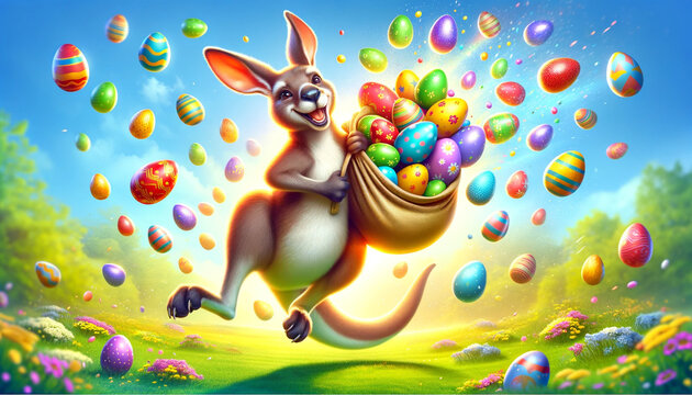 easter kangaroo with easter eggs, generative AI