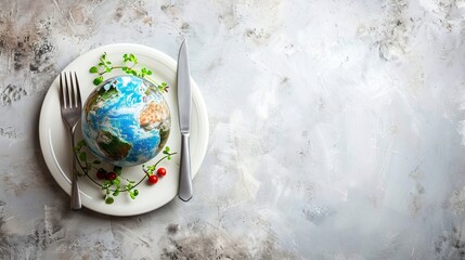 Globe on a plate with fork and knife on a light background, Wworld Food Day concept background wallpaper    