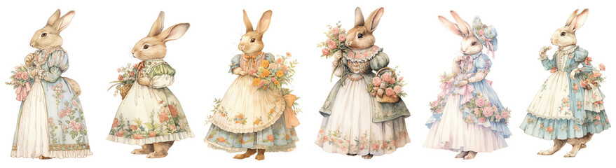 Set of watercolor bunny in an elegant dress , easter basket and spring flowers , illustration PNG element cut out transparent isolated on white background ,PNG file ,artwork graphic design. - obrazy, fototapety, plakaty