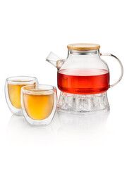 Fruit tea in a glass kettle ( teapot) on white