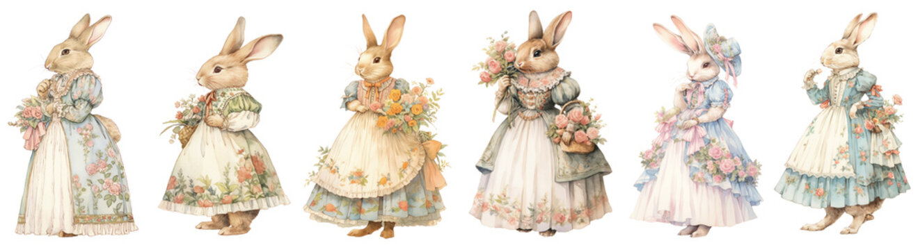 Set of watercolor bunny in an elegant dress , easter basket and spring flowers , illustration PNG element cut out transparent isolated on white background ,PNG file ,artwork graphic design.