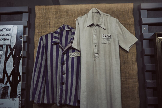 Hungary - Budapest 30 November 2023 Holocaust-era Jewish prisoner clothing exhibit. Budapest National Museum