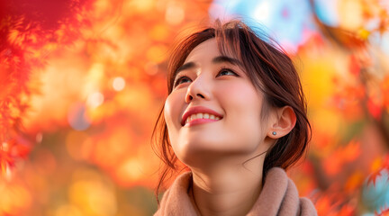 Portrait of happy and smiling young Japanese woman in autumn park, positive and cheerful young woman enjoying walk outdoors in cherry forest in autumn