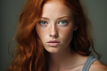 Stunning Red-Haired Woman with Delicate Freckles in a Captivating Closeup Portrait