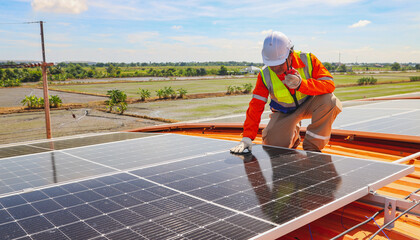 Meticulous male engineer reports walkie talkie radio to inspect solar panels on a safe industrial...