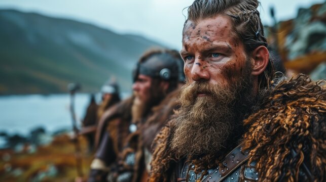vikings, historical, costume, beards, military, markings, portrait, concentration, characters, cultural, heritage, traditions, masculinity, seriousness, group, unidirectional, look, vintage, clothing,