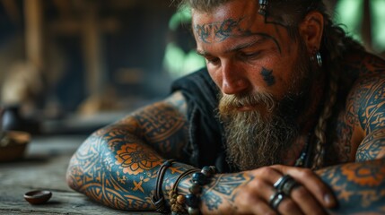 A pensive man with ornate tattoos on his arms and face, engaged in reflection or meditation, with an emphasis on inner strength and cultural expression. - obrazy, fototapety, plakaty