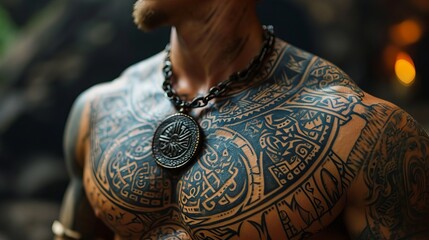 A close-up of the Polynesian tradition tattoos covering a man's chest and shoulders, highlighting the rich symbolism and medallion decoration.