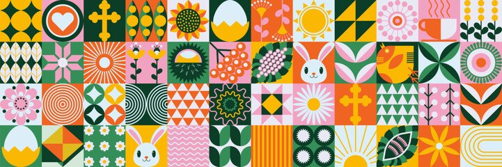 A set of icons related to Easter. A collection of line icons with Easter eggs. Mosaic style. Spring vector illustration
