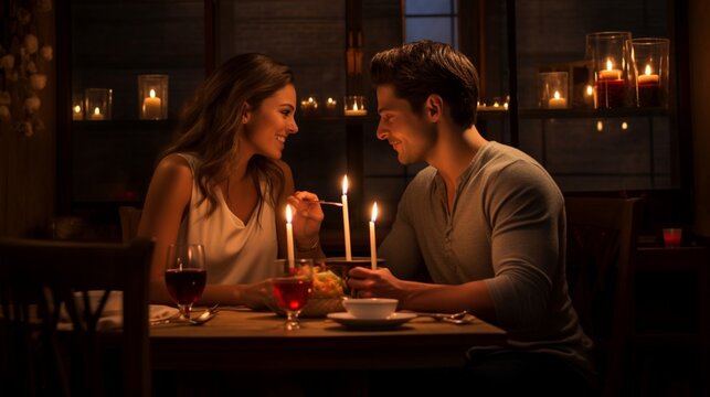 A romantic dinner setting, a couple surrounded by ambient candlelight, HDR photography focusing on the sharpness of details in their expressions - Generative AI