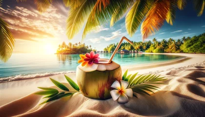 Fotobehang coconut cocktail on  the beach, generative ai © Eduardo