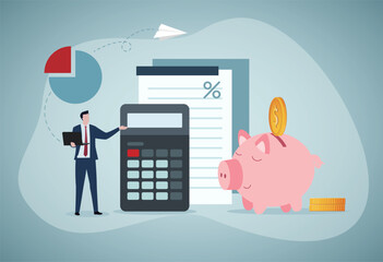 Budget planning or income management, spending and expense report or investment balance sheet, debt calculation and analysis, businessman with computer planning budget with calculator and piggybank. - obrazy, fototapety, plakaty