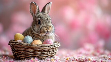 Small ,baby rabbit in easter basket with fluffy fur and easter eggs in the fresh