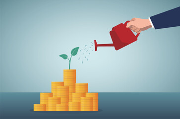 Grow business, growth or increase revenue income, growth mindset or investment profit, prosperity concept, businessman watering growing coin stack seedling growth.