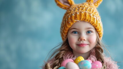 Fototapeta na wymiar A cute girl with bunny ears holds a basket with Easter colored eggs on a blue background.