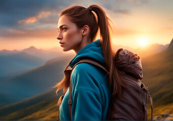 Beautiful young woman with backpack hiking in the mountains at sunset.