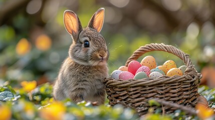 Fototapeta na wymiar Small ,baby rabbit in easter basket with fluffy fur and easter eggs in the fresh
