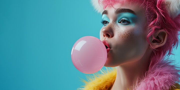 Whimsical female woman young girl person with pink hair blowing a bubblegum bubble on minimal light blue banner background with empty copy space for text. Fantasy character concept