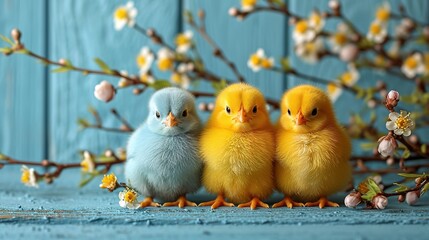 Blue, yellow, white eggs in the nest and yellow chicks on a blue wooden background.