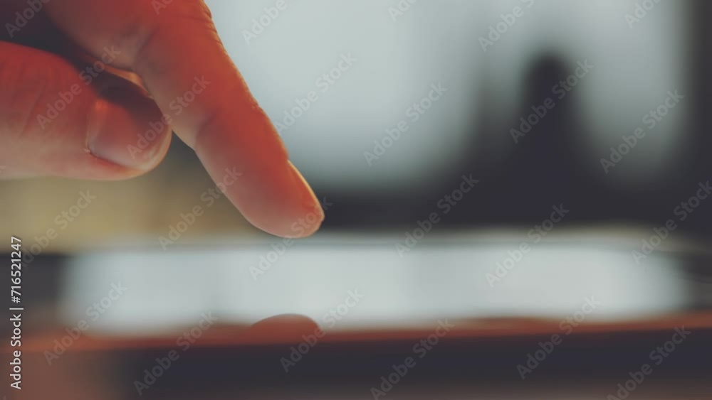 Poster phone, finger and user scrolling on screen closeup for research, information or browsing on dark bac