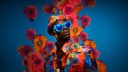 Modern pop art portrait of handsome African man in blue sunglasses and hat on floral background....