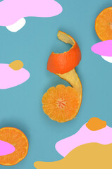 Collage: graphics mixed with a photo, abstraction - fruit (half peeled mandarin) and pink, yellow, white clouds on a blue background. 