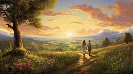 A serene countryside scene, a couple strolling along a tranquil path, the HDR painting accentuating the subtle tones and sharpness of nature - Generative AI - obrazy, fototapety, plakaty