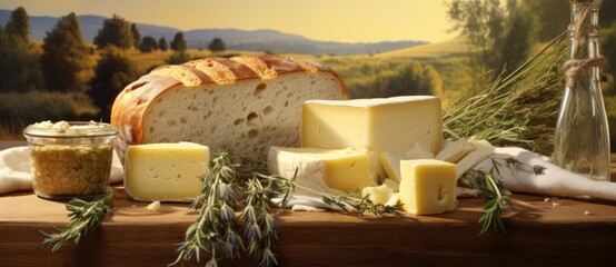 Obraz na płótnie Canvas Still life with cheese, bread and oil on a black background.