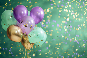 bunch of balloons isolated on green background with blurred confetti all around. Lilac, green and gold colors - obrazy, fototapety, plakaty