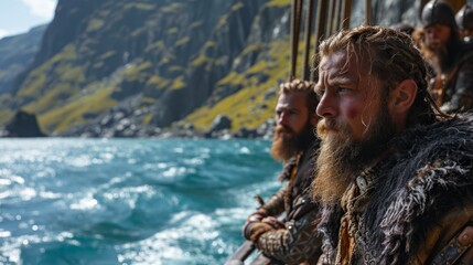 A group of Vikings on a sea voyage, looking at the rough sea from the side of a wooden ship.