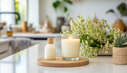 Fototapeta na wymiar Elegant white scented candles in glass with wooden lid in stylish kitchen interior