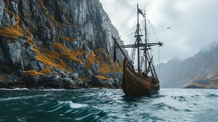 an ancient Viking ship sails into the sea surrounded by rocky mountains concept: Viking battle, ship at sea