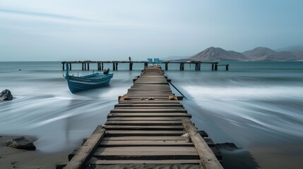 Old wooden pier extending into serene sea with smooth waves