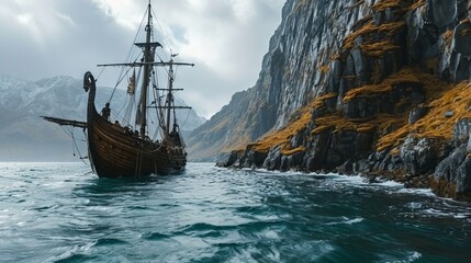 an ancient Viking ship sails into the sea surrounded by rocky mountains concept: Viking battle, ship at sea