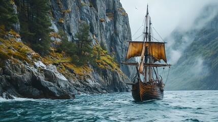 an ancient Viking ship sails into the sea surrounded by rocky mountains concept: Viking battle, ship at sea