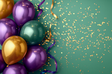 bunch of balloons isolated on green background with blurred confetti all around. Lilac, green and...