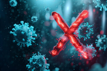 
neon lightning "x" on the background of macro blurred viruses