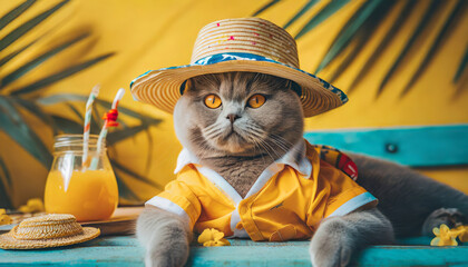 Funny cat in a straw hat with a cocktail. - obrazy, fototapety, plakaty