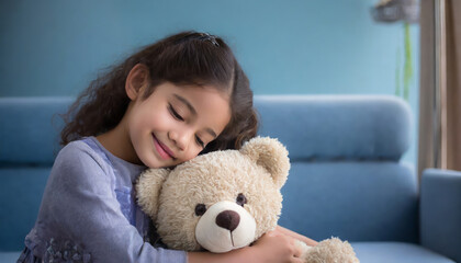 Cute girl hugging her teddy bear