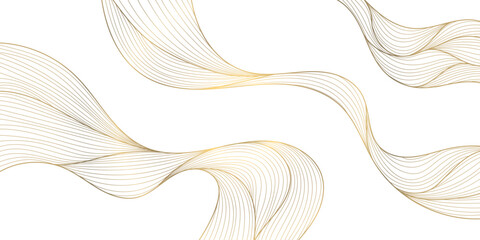 Vector gold line wave background, abstract luxury elegant pattern. Glitter flow japanese style shape, river, sea cover. - obrazy, fototapety, plakaty