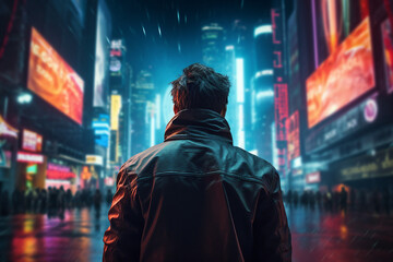 Fototapeta na wymiar Ai generated picture image of male cyborg personage in a cyberpunk city illuminated neon colors