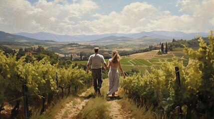 Obraz premium A sun-kissed vineyard a romantic couple in love - Generative AI