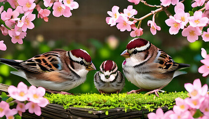 bird on a branch of flowers, natural background with three funny birds sparrows sit on a branch of an Apple tree with pink flowers on a Sunny spring day