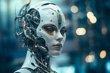 Futuristic female cyborg high tech smart innovated robot from the future designed with generative AI