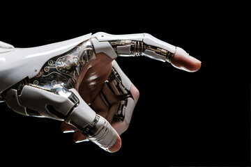 Picture of robotic arm with humanoid internal structure generative AI technology isolated on dark black color background