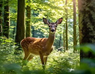 Fotobehang Beautiful young roe deer in the green forest © SashaMagic