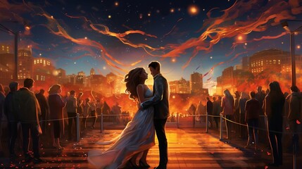 A vibrant city square a romantic couple hugging with love - Generative AI - obrazy, fototapety, plakaty