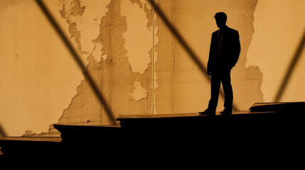 A businessman's silhouette on a cracked wall
